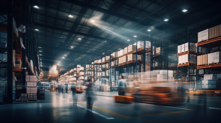 Long exposure of modern warehouse interior with motion blur of workers and machinery Long exposure of modern warehouse interior with motion blur of workers and machinery