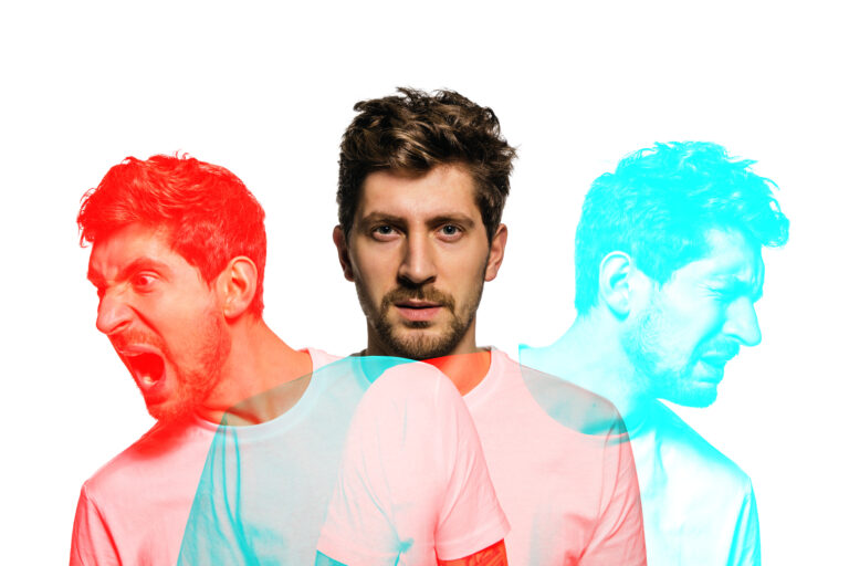 Young man with different emotions over white background with glitch effect. Shouting, unpleased, crying. Young man with different emotions in casual clothes isolated on white background with glitch effect. Concept of emotional, facial expression, mood. Copyspace for ad.