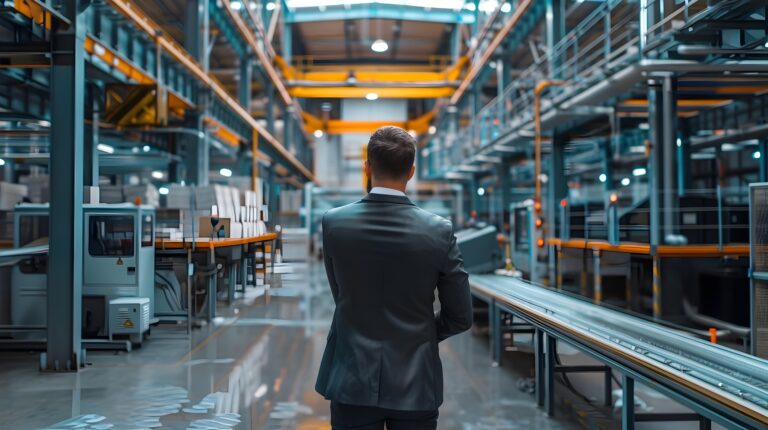 Business Executive Inspecting Modern Manufacturing Facility for New Product Line Business executive in suit walking through a modern manufacturing facility inspecting the production line and new products as part of managing the company s and growth strategy
