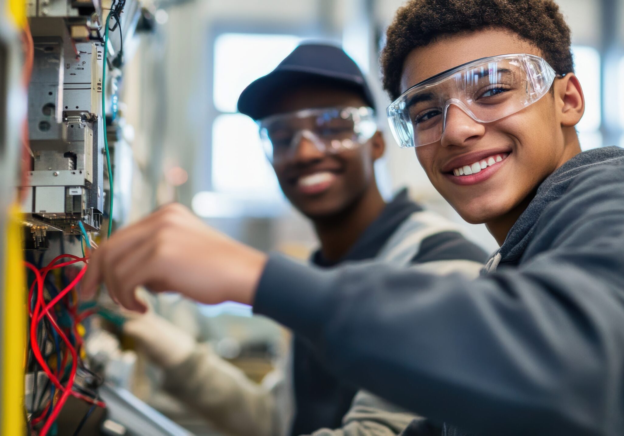 Young technicians working together on electrical equipment, smiling and engaged in hands-on training at a vocational school or workshop for future careers. Young technicians working together on electrical equipment, smiling and engaged in hands-on training at a vocational school or workshop for future careers.