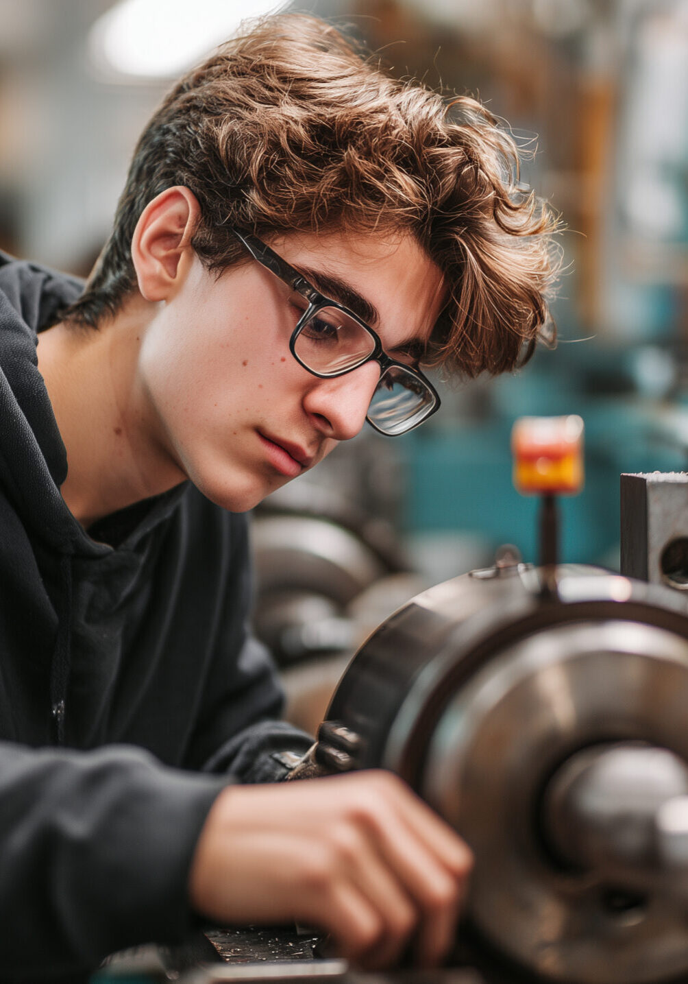 Technical education students wearing safety goggles and coveralls operate industrial lathe machines in engineering workshop. Teamwork, precision, and skill development in vocational training or STEM e
