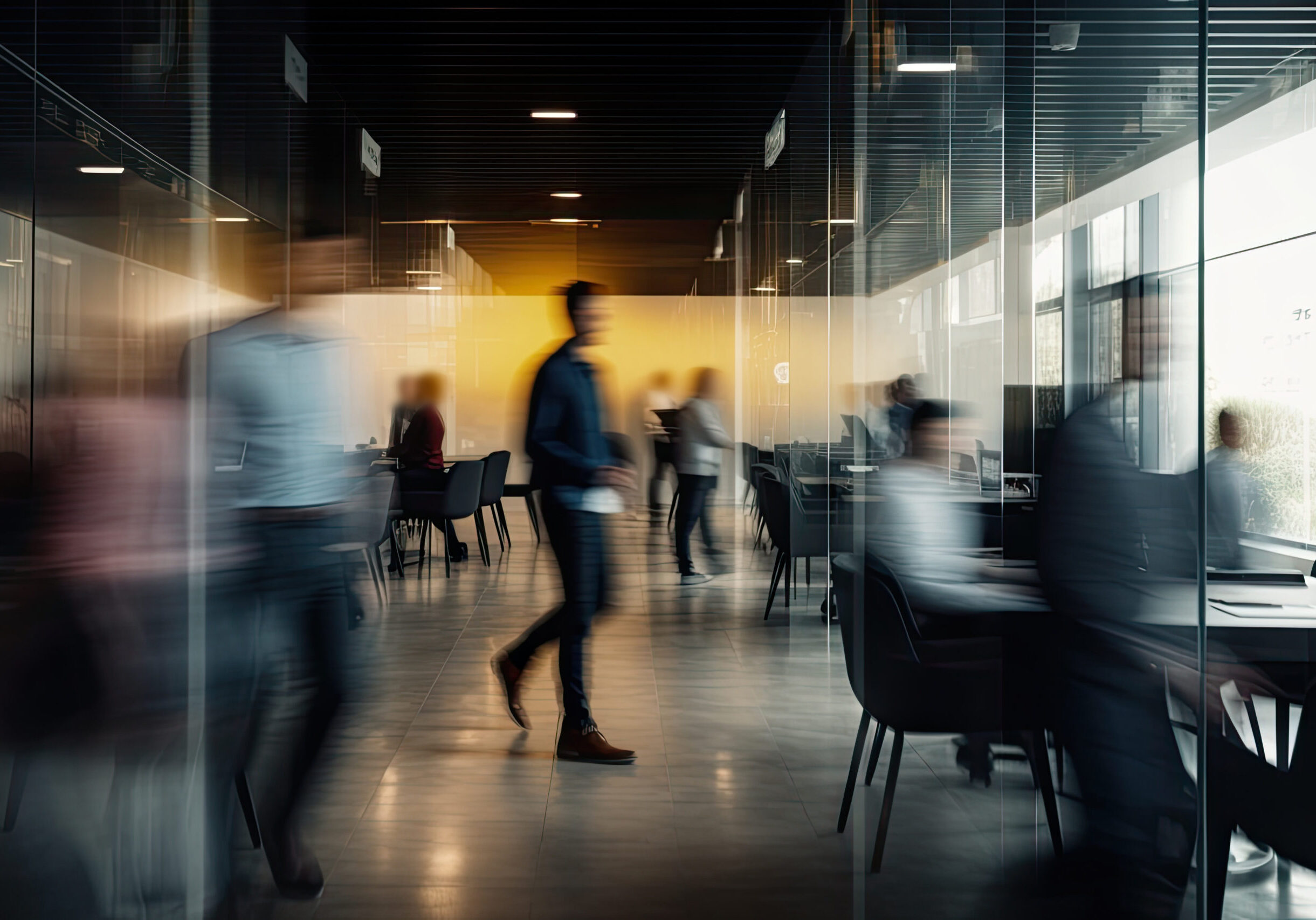 Blurred moving business people in the office. Generative ai.